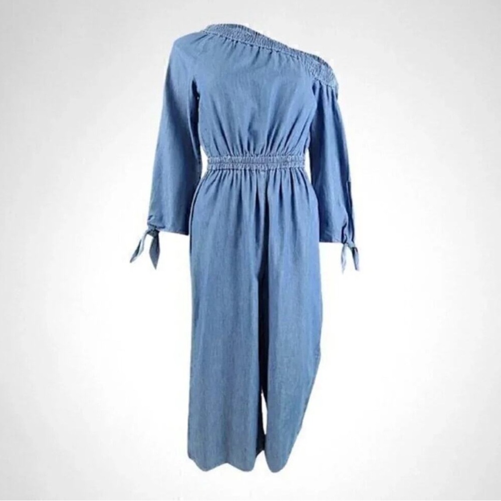 Michael Kors Women's Off The Shoulder Cropped Jumpsuit Blue Size Large NWOT - Picture 7 of 8